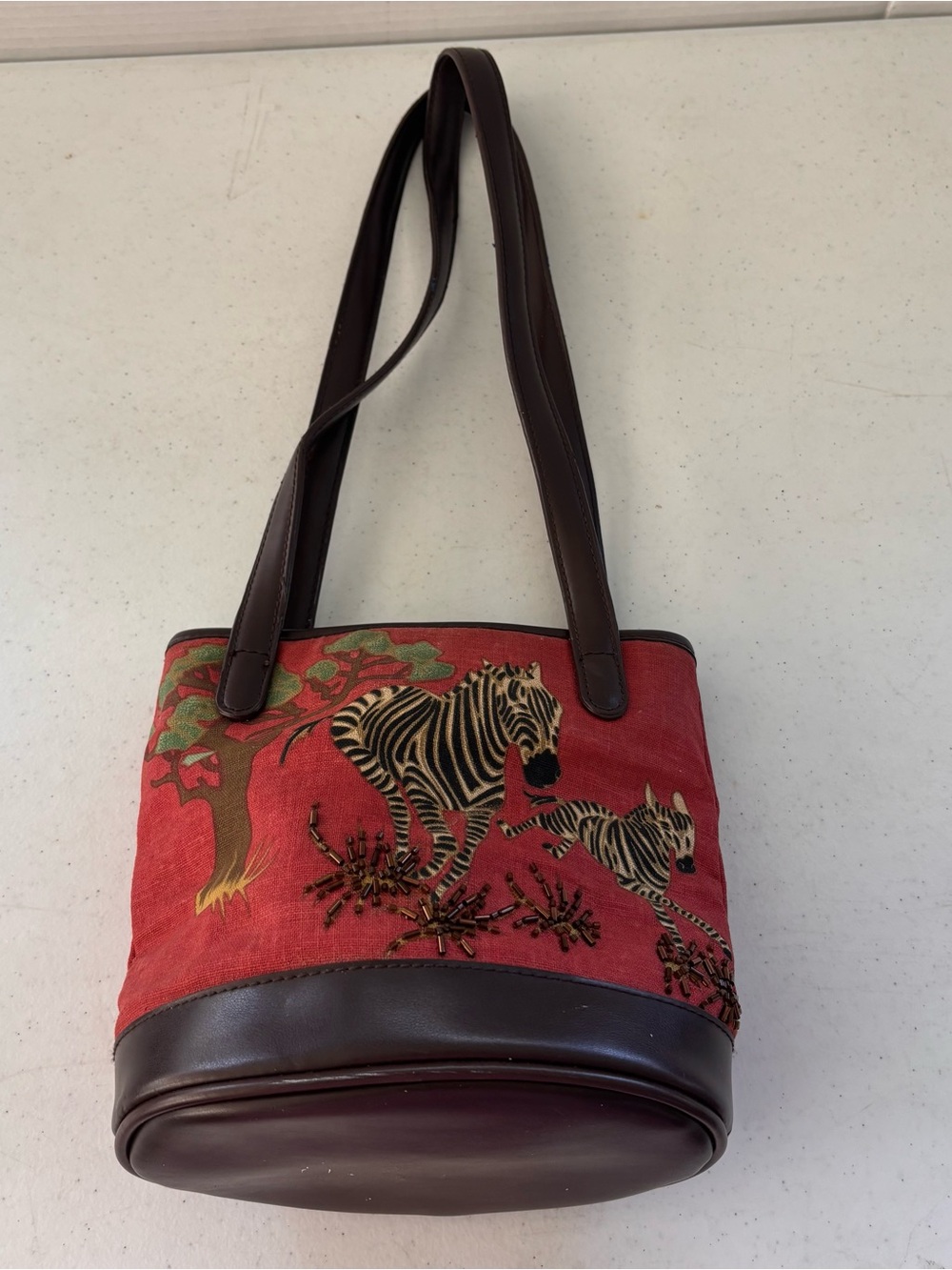 Liz Claiborne Red Zebra Motif Shoulder Bag with Brown Trim